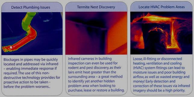 Thermal imaging use cases: detect plumbing issues, termite nest discovery, locate HVAC problem areas